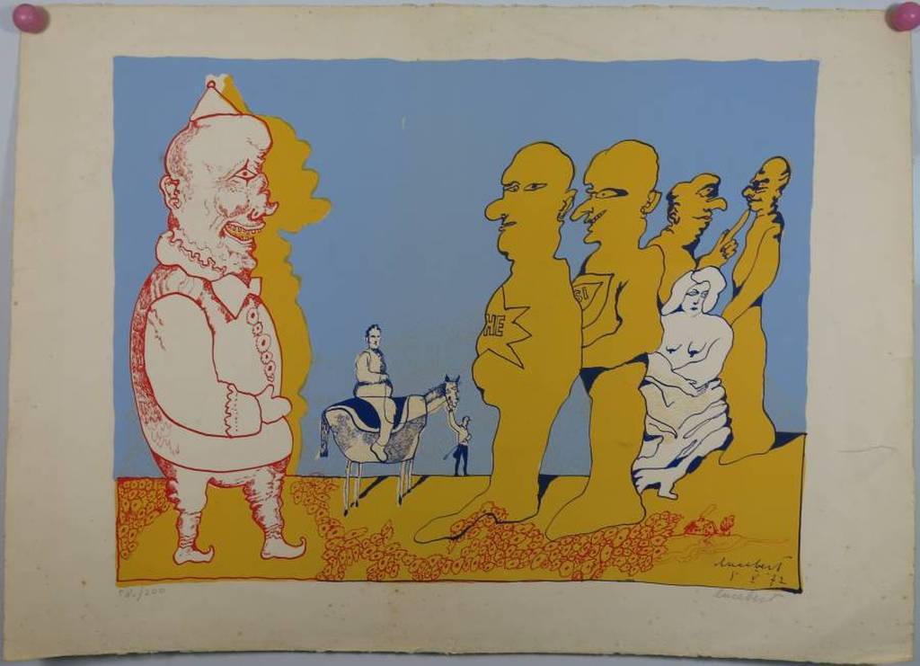 Lucebert: Zeefdruk, Figuren in een landschap kopen? Bied vanaf 1!