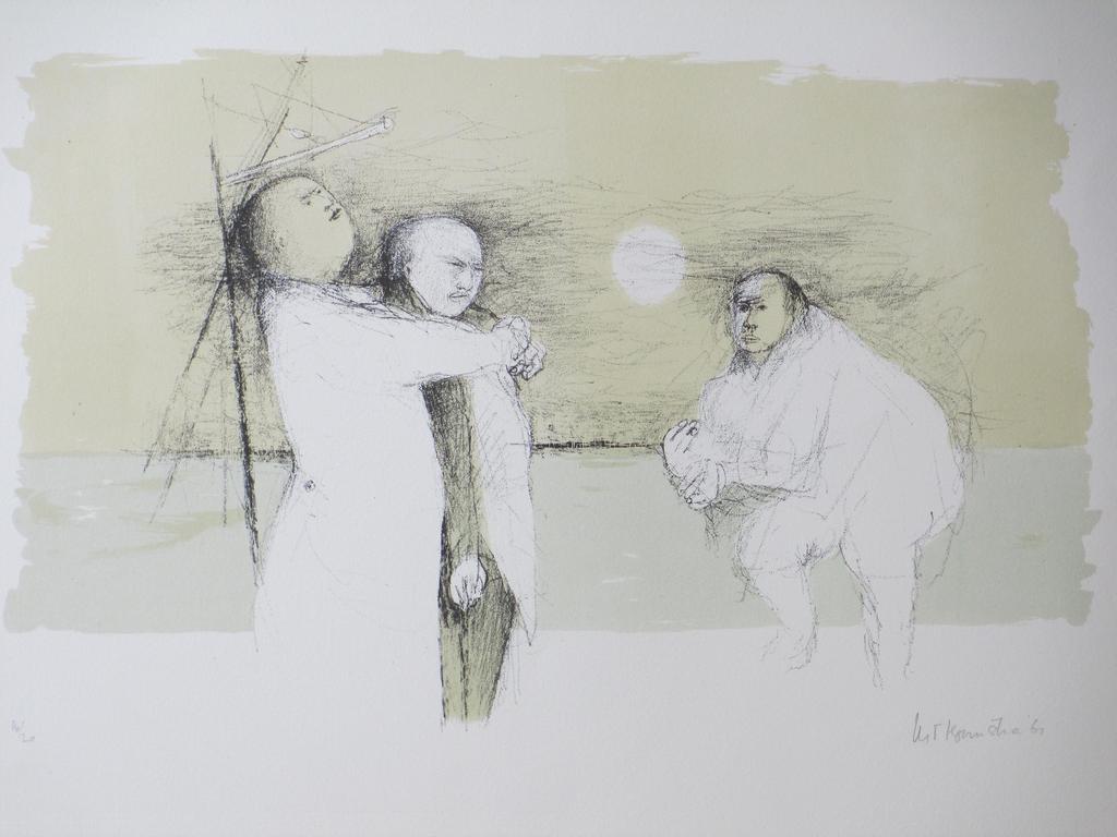 Metten Koornstra, Drie figuren, Kleurenlitho verkocht voor € 50!