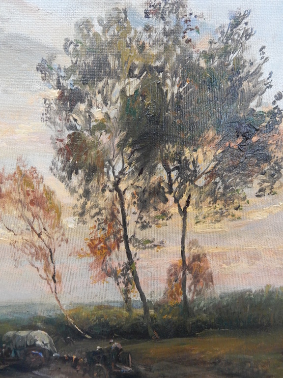 A.J.B.Wouters,olieverf op linnen, paard en wagens in landschap kopen? Bied vanaf 100!