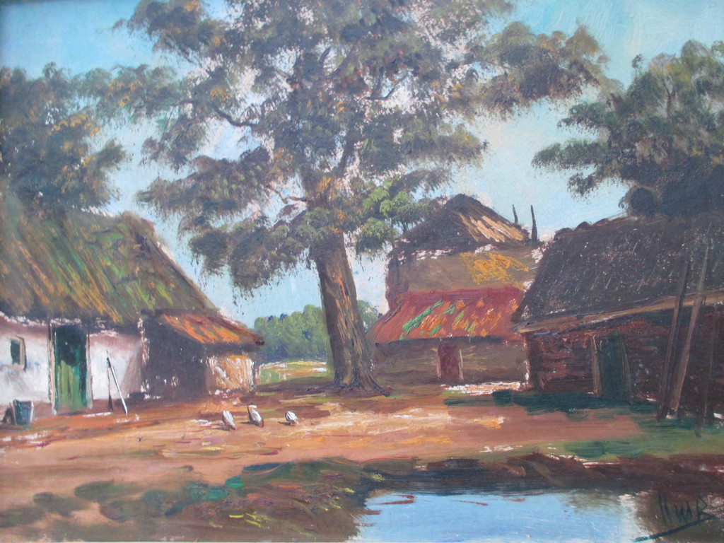 Olieverf op paneel, Boerenerf verkocht voor € 35!