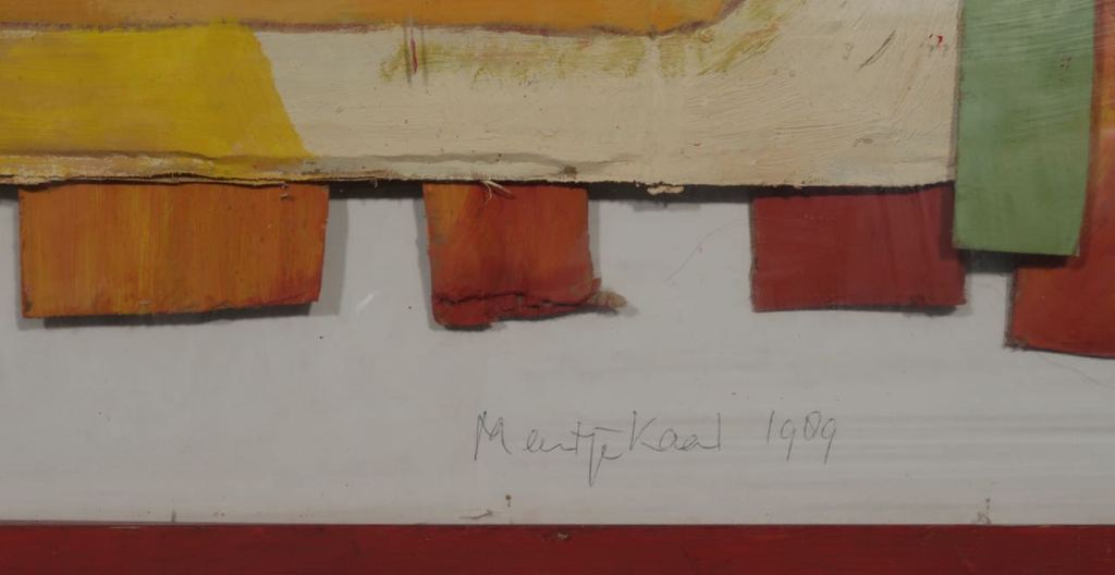 Meertje Kaal: Olieverf en collage op karton, Mond als boot - Ingelijst kopen? Bied vanaf 1!