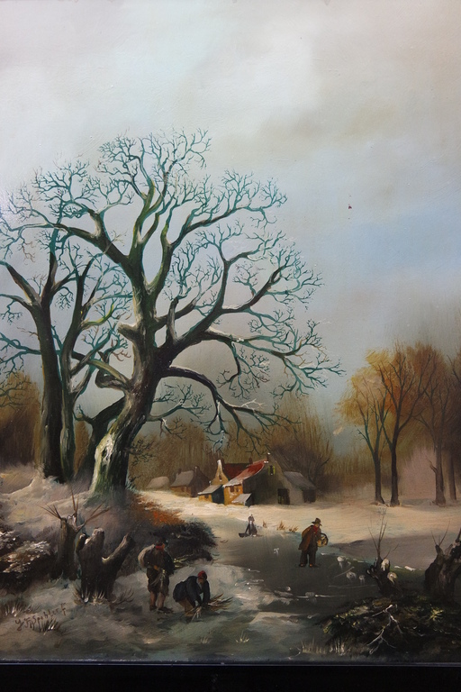 Hollandse school: olieverf op paneel , winterlandschap verkocht voor € 145!