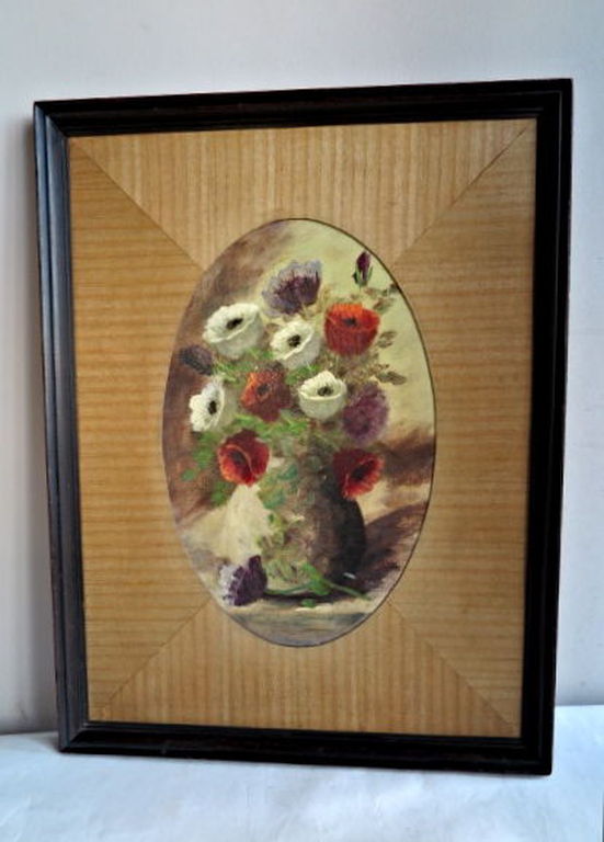 Antiek Stilleven van Anemonen-  olieverf - in ovaal houten lijst - ca. 1925 kopen? Bied vanaf 1!
