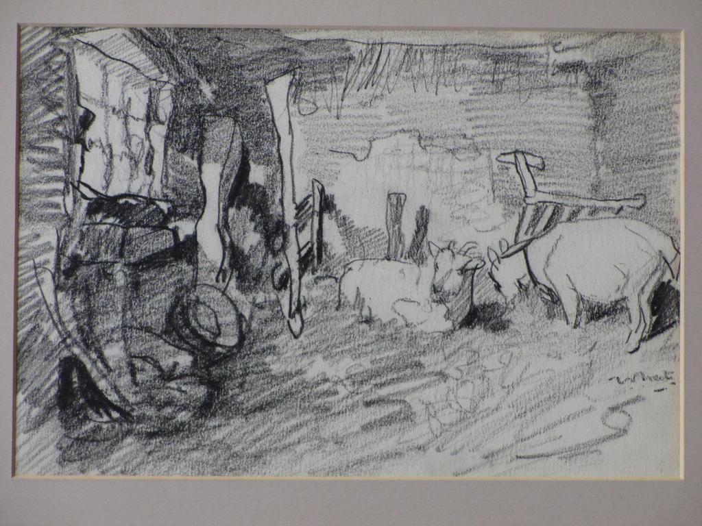 Willem van der Nat, Tekening, Stalinterieur met geiten kopen? Bied vanaf 70!