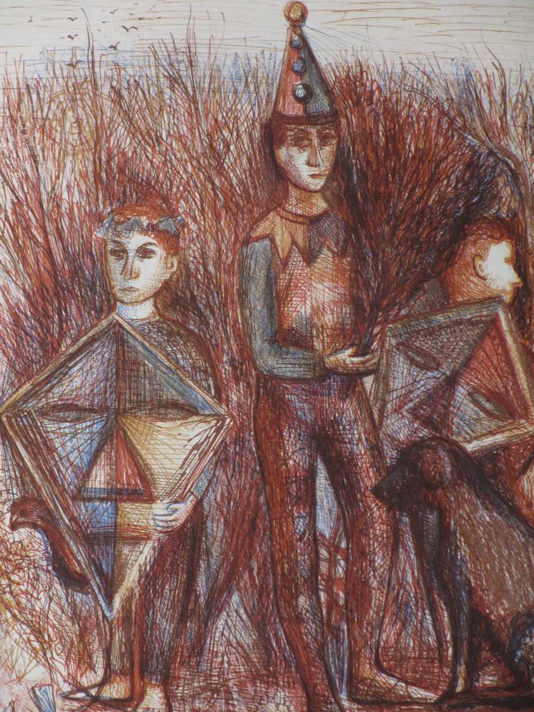Kees Andrea, Drie narren met hond, Kleurenlitho kopen? Bied vanaf 30!