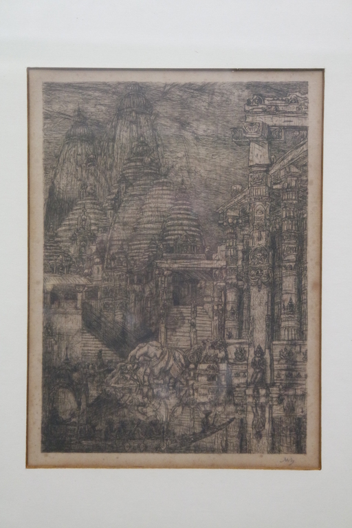 Marius Bauer (1867-1932) - handgemonogrammeerde ets - oosterse tempel verkocht voor € 115!