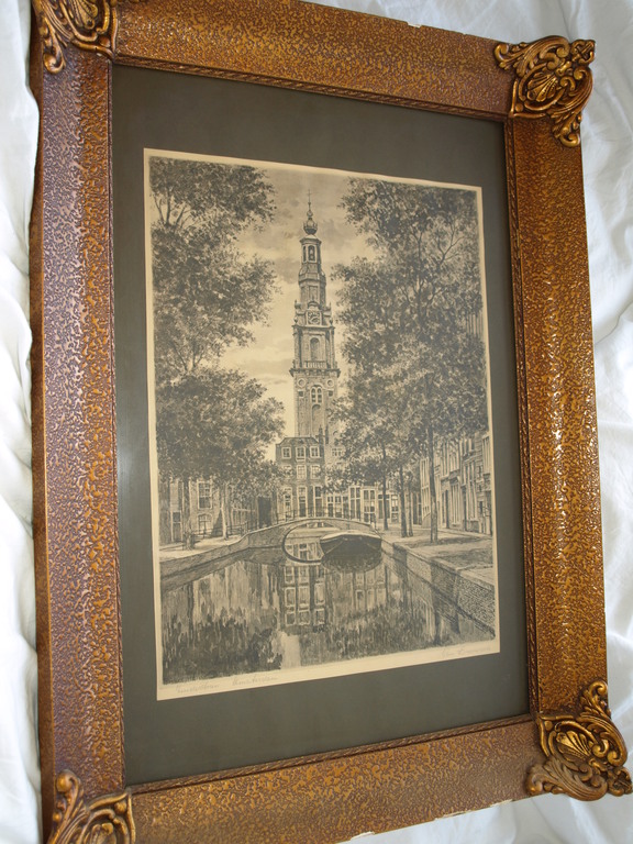 Ets of prent – Zuidertoren Amsterdam – Ingelijst - Oud kopen? Bied vanaf 1!