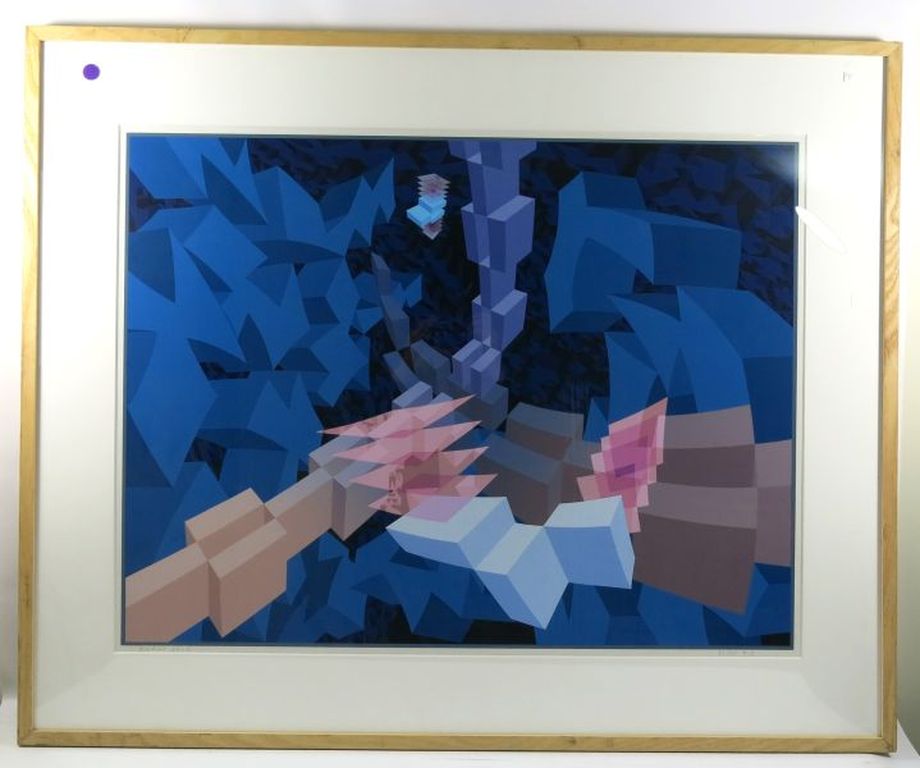 Hans Klaui: Zeefdruk, Compositie met blokken - Ingelijst (groot formaat) verkocht voor € 140!