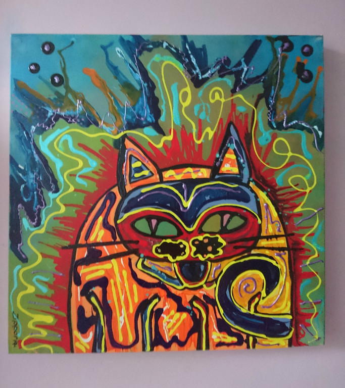 Zippora meijer  Energetic Cat  acryl op 3D doek 50/50 cm kopen? Bied vanaf 1!