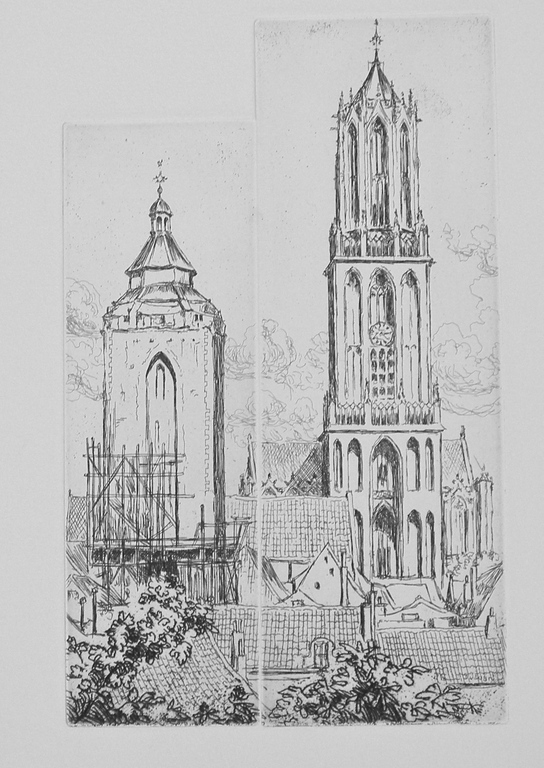 Dick van Luijn: ets, Buurkerktoren en Domtoren kopen? Bied vanaf 25!