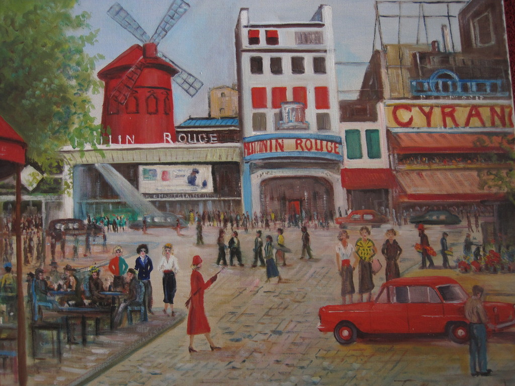 GROOT 1950 olieverf "Boulevard Clichy Moulin Rouge Parijs" gesigneerd  verkocht voor € 70!