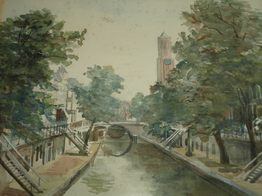 Onduidelijke signatuur : Aquarel – Oudegracht, Utrecht – ingelijst  kopen? Bied vanaf 1!