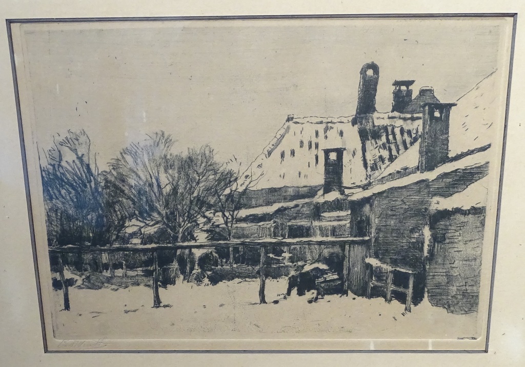 Chris van der Windt (1877-1952) --  Ets  --  Winters boerderijgezicht kopen? Bied vanaf 40!