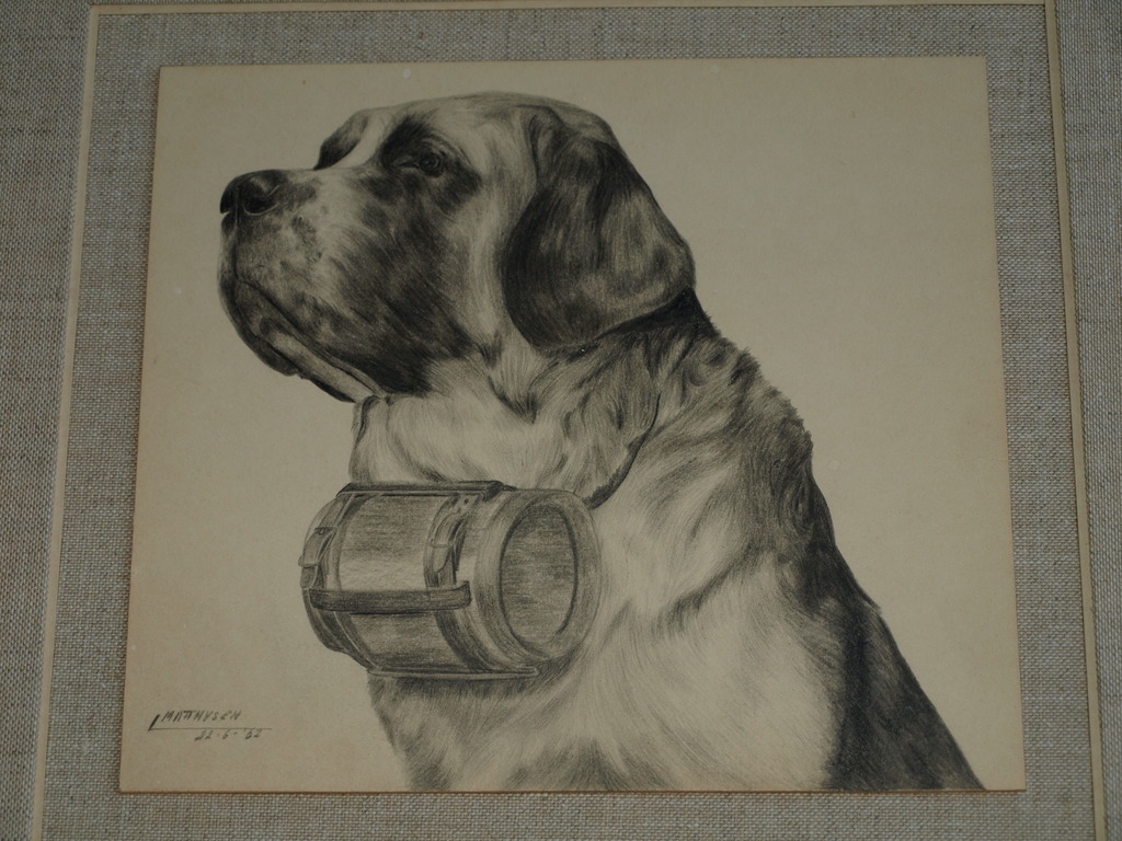 Onduidelijke signatuur : Tekening ,  St Bernardshond – ingelijst - 1962 kopen? Bied vanaf 1!