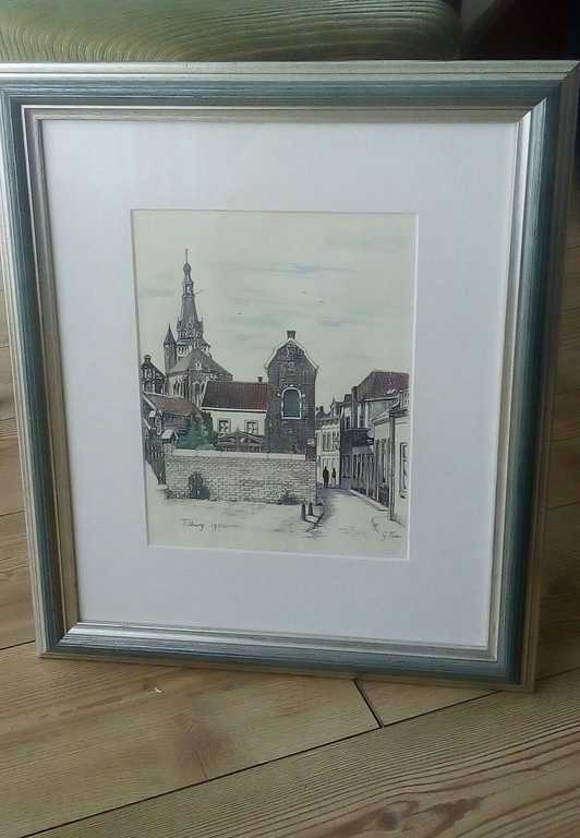 Onbekend: twee pentekeningen met aquarel van oud-Tilburg, ingelijst kopen? Bied vanaf 1!