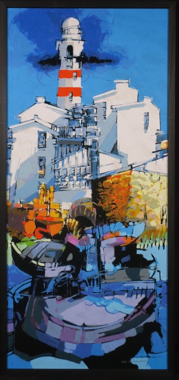 Hendrik van Veenendaal: Zeefdruk op board, Vuurtoren - Ingelijst verkocht voor € 35!