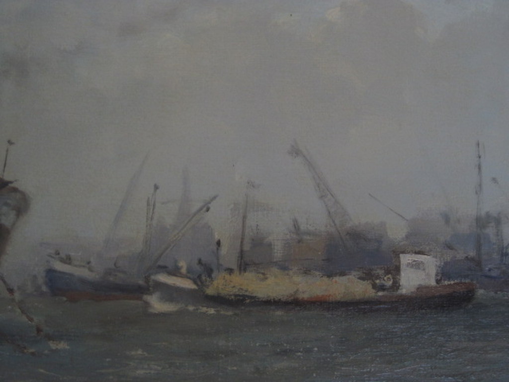 groot oud olieverf "Bedrijvigheid in haven Rotterdam" vaag gesigneerd ca. 1930 kopen? Bied vanaf 1!
