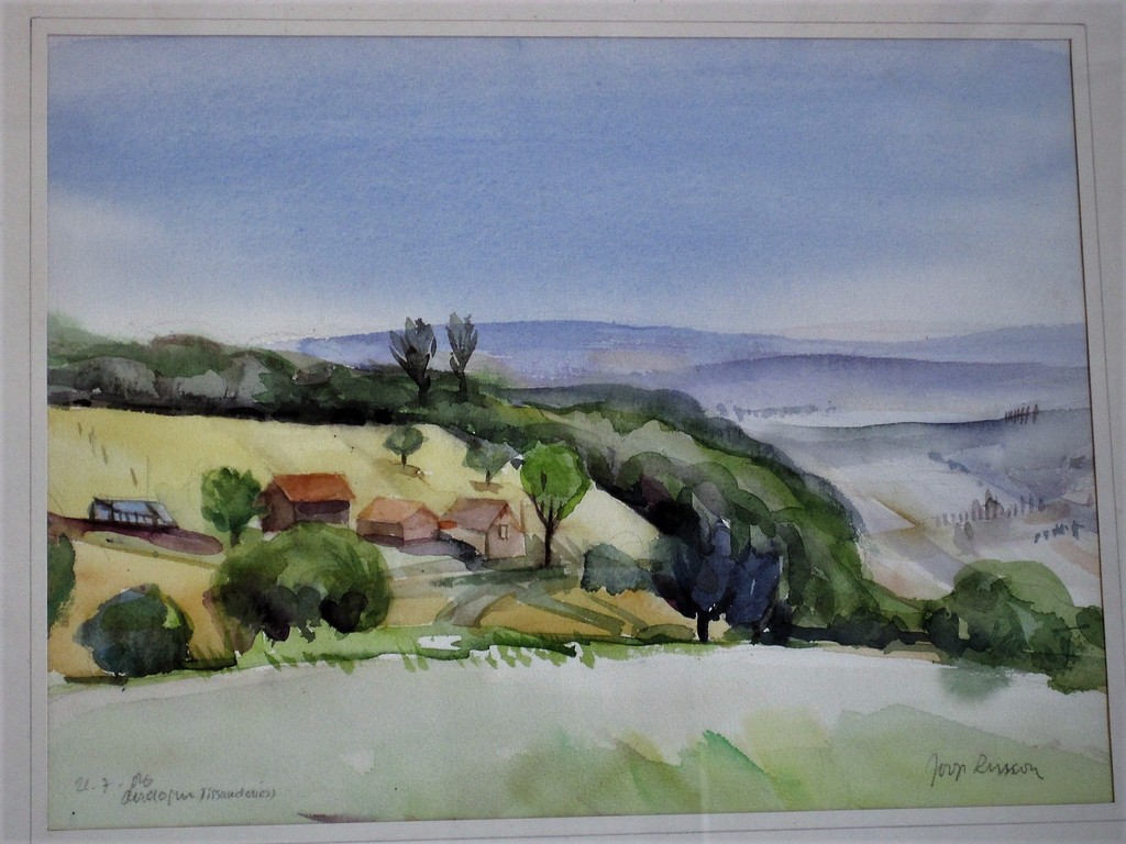 Fraai gelijste Pastel "landschap Dordogne Frankrijk" van graficus Joop Russon   kopen? Bied vanaf 1!