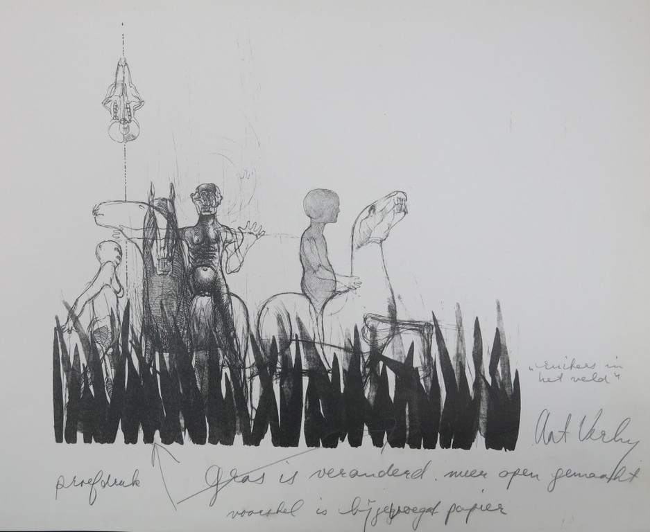 Aat Verhoog: Litho, Ruiters in het veld verkocht voor € 45!