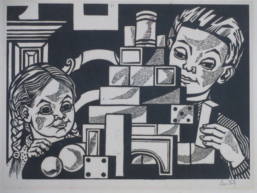 Lou Strik, Spelende kinderen, Houtsnede kopen? Bied vanaf 35!