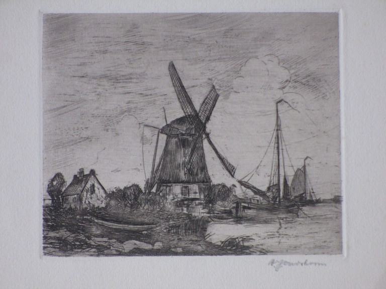 A.J.Oudshoorn, Waterlandschap met molen en zeilschip, Ets kopen? Bied vanaf 1!