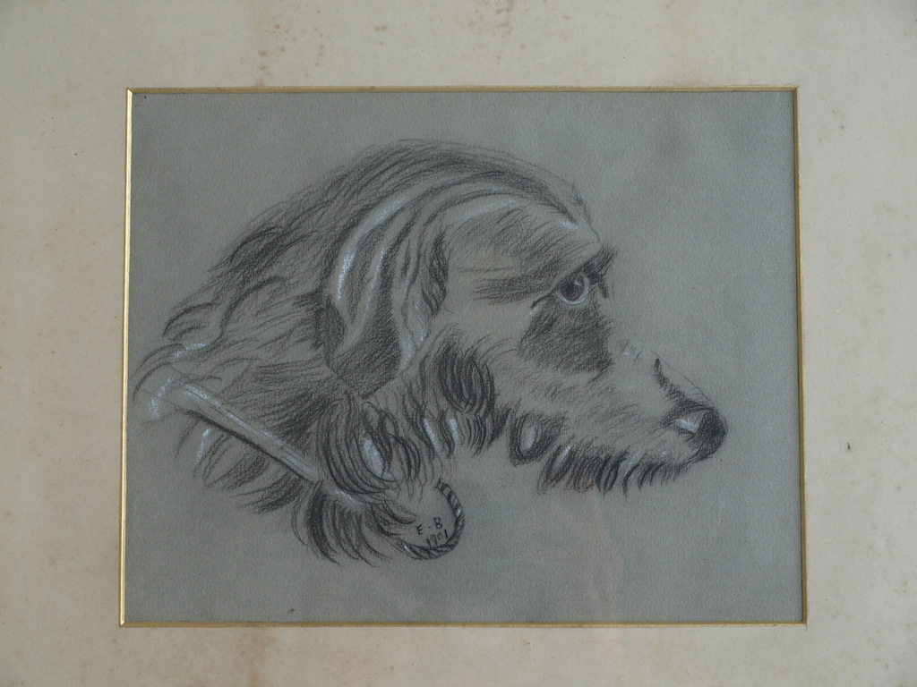 Initialen E. B.  : Tekening ,  Hond – ingelijst - 1901 kopen? Bied vanaf 1!