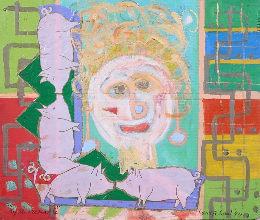 Meertje Kaal: Olieverf en collage op karton, Bij de crematie - Ingelijst kopen? Bied vanaf 1!