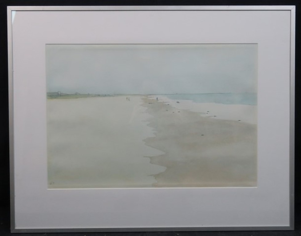 Wim Hagemans: Aquarel, Strand Hoek van Holland - Ingelijst verkocht voor € 80!