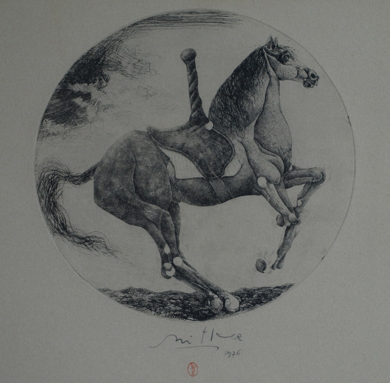 Onbekend : Ronde ets , Paard – gesigneerd & ingelijst – 1976 verkocht voor € 75!