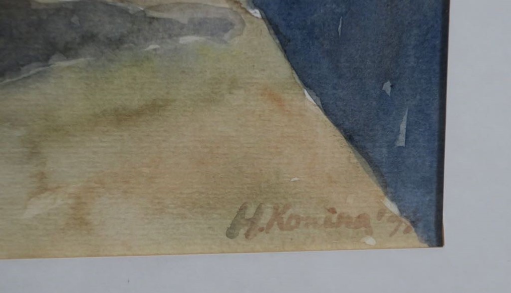 Han Koning: Aquarel, Bloemstilleven met rode kom - Ingelijst kopen? Bied vanaf 1!