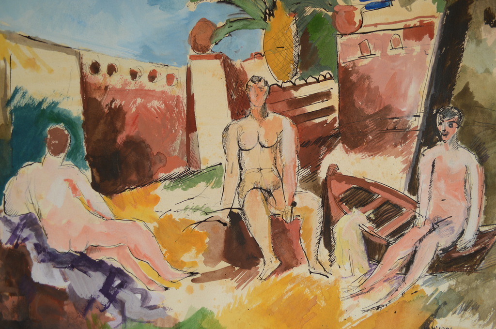 Charles Dufresne ( 1876-1938 ) aquarel-pen 60 x 40 3 mannen in St.Tropez (1932)  kopen? Bied vanaf 350!
