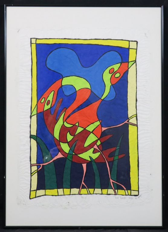 Piet Quekel: Gouache op rijstpapier, Love birds - Ingelijst verkocht voor € 60!