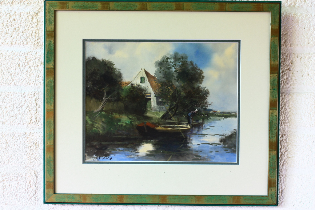 Adriaan Terhell, Aquarel, Schuit bij steiger kopen? Bied vanaf 200!