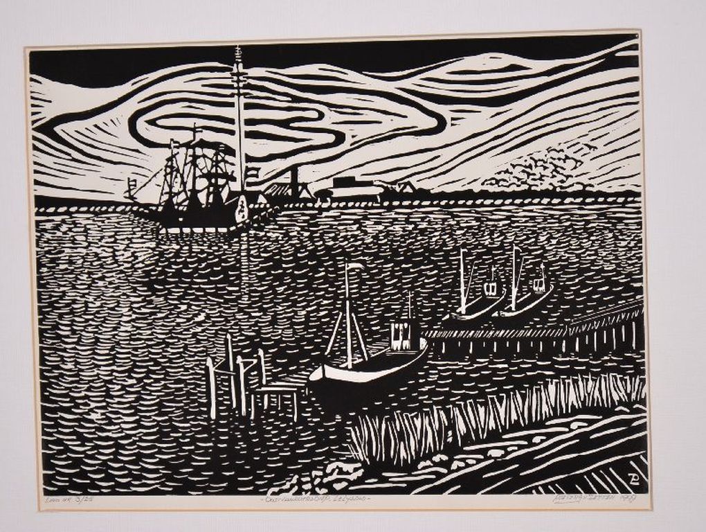 Pieter van Zetten: Linosnede. Oostvaardersdiep. Lelystad verkocht voor € 35!