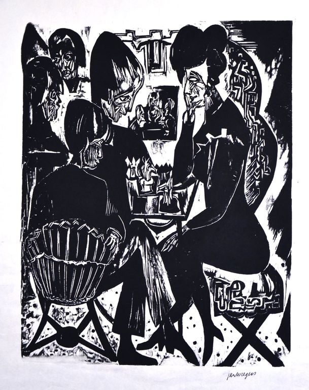 Jan Wiegers: Houtsnede. De schaakspelers verkocht voor € 45!