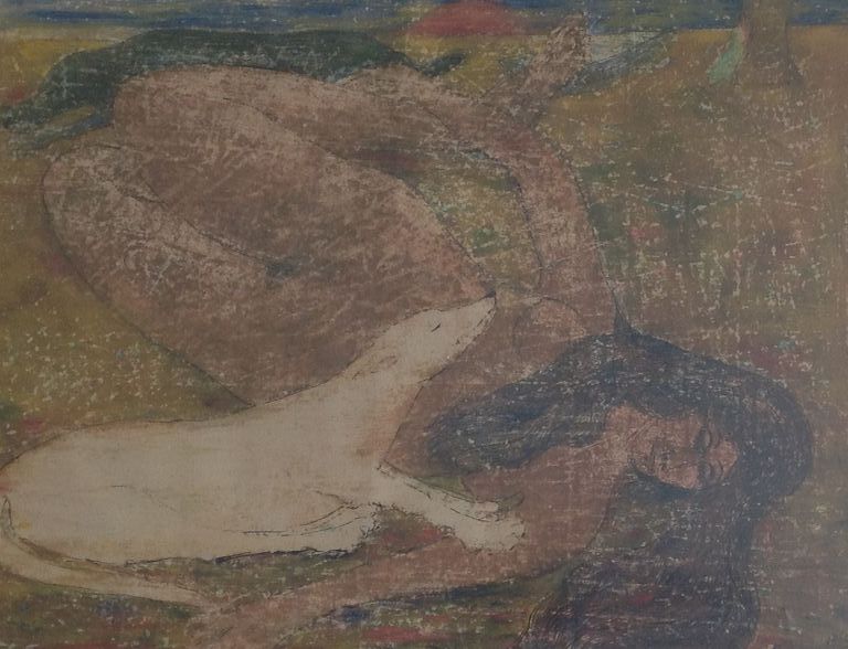 Ger Langeweg, aquarel, dame naakt met 2 honden rustend in landschap, 1968 verkocht voor € 200!