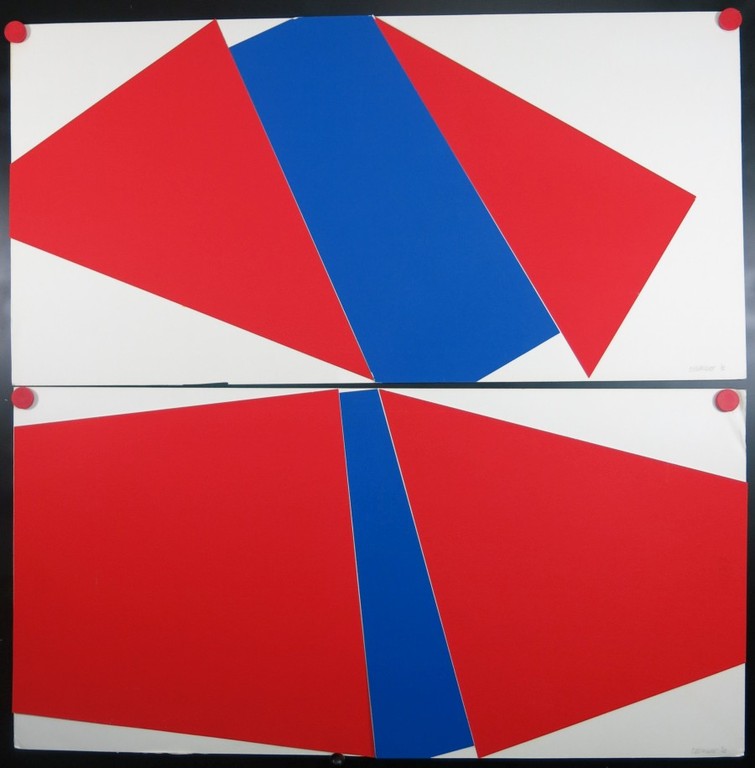 Onbekend gesigneerd: 2x Collage, Rood/blauw kopen? Bied vanaf 1!