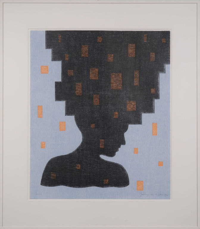 Jacomijn den Engelsen: Houtsnede, Afro (blauw) - Ingelijst kopen? Bied vanaf 20!