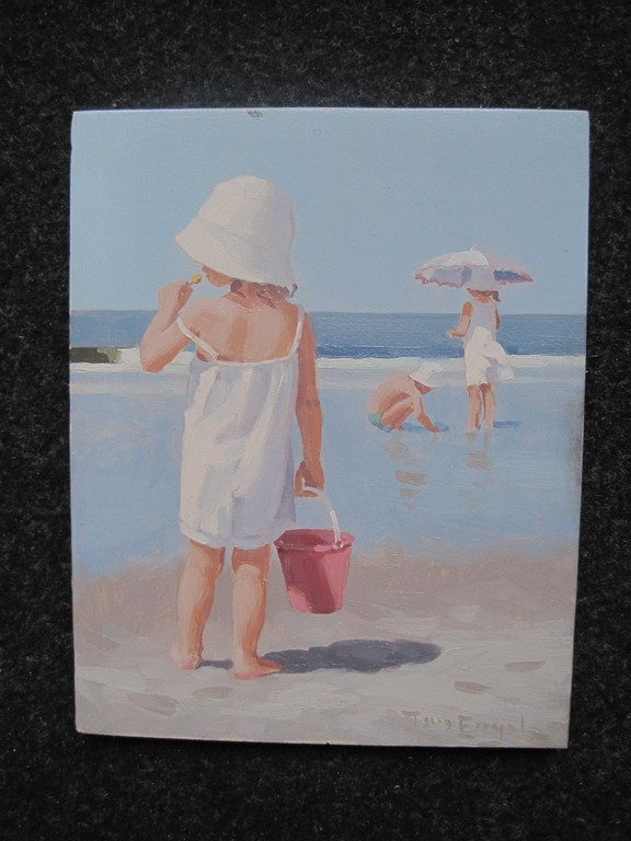 Jan Engel - olieverf - "strandplezier" - verstild realisme gesigneerd  kopen? Bied vanaf 1!