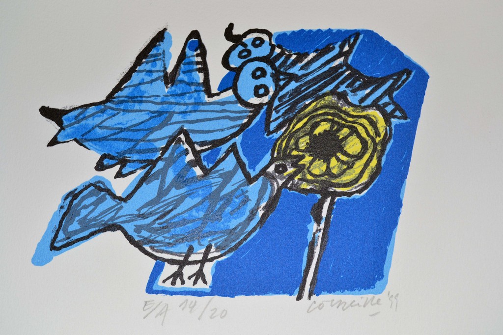 Corneille - 'Vogels met bloem' - zeefdruk - E.A. - 1999 verkocht voor € 85!