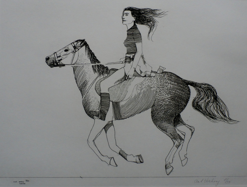 Aat verhoog - ets: meisje op paard - 1971 verkocht voor € 50!