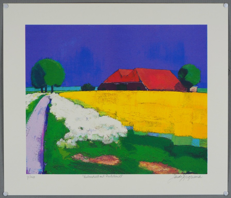 Jentsje Popma: zeefdruk, Koolzaadveld met fluitekruid verkocht voor € 110!