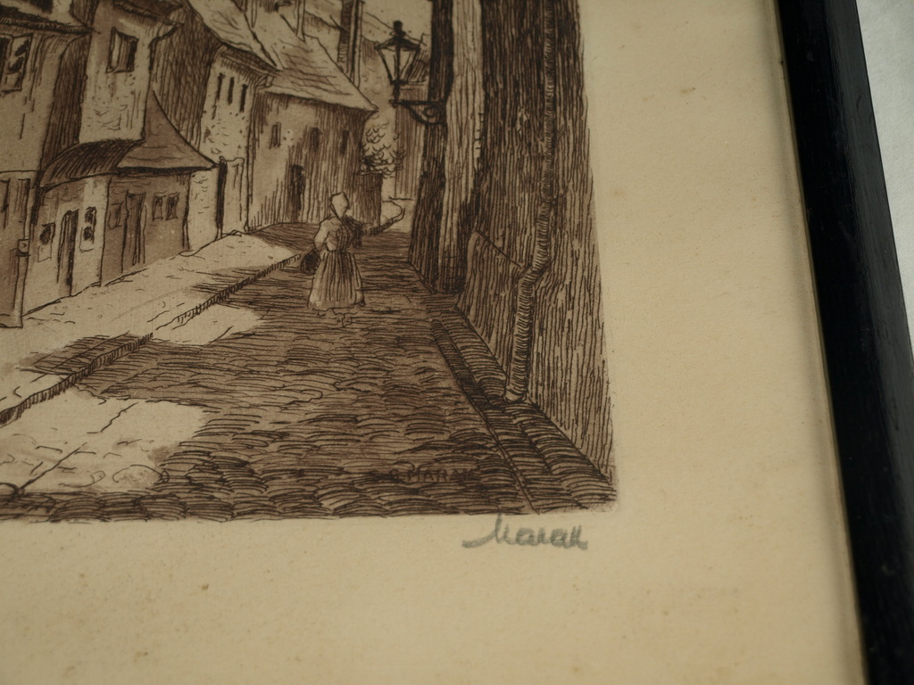 Onbekend : Ets – Straatje – Gesigneerd & ingelijst – Oud kopen? Bied vanaf 1!