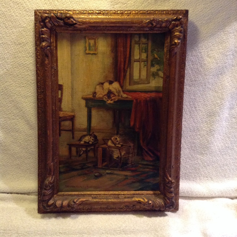 Schilderij met katten tafereel door Charles van den Eycken. kopen? Bied vanaf 10000!