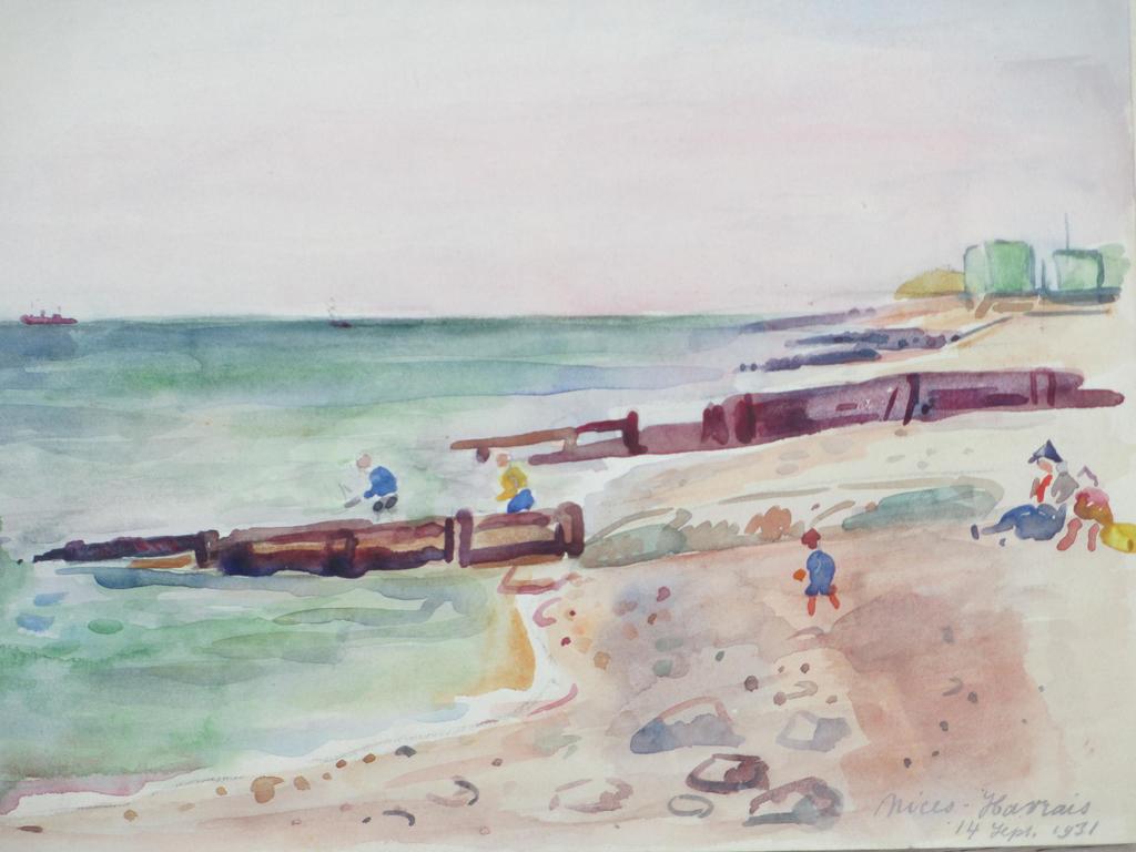 Han Krug, Strand Nices-Havrais 1931, Aquarel verkocht voor € 40!