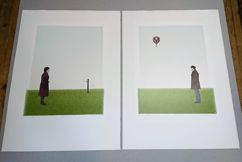 onbekende kunstenaar, 2 zeefdrukken,Rendez-vous 1 en 2 verkocht voor € 85!