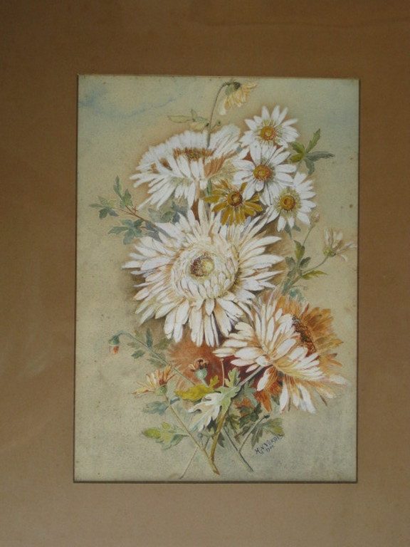 Fraai antiek (1900) bloemstilleven aquarel "Margrieten" gesigneerd en gedateer   kopen? Bied vanaf 1!