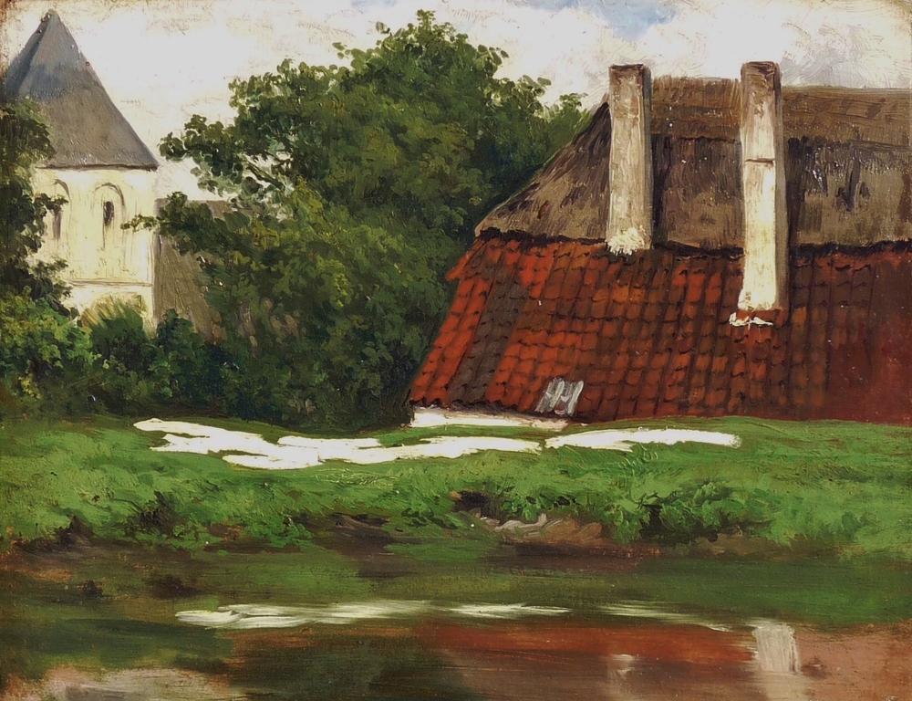 Adrianus van Everdingen: Maroufle, Boerderij en kerktoren achter de dijk. kopen? Bied vanaf 250!