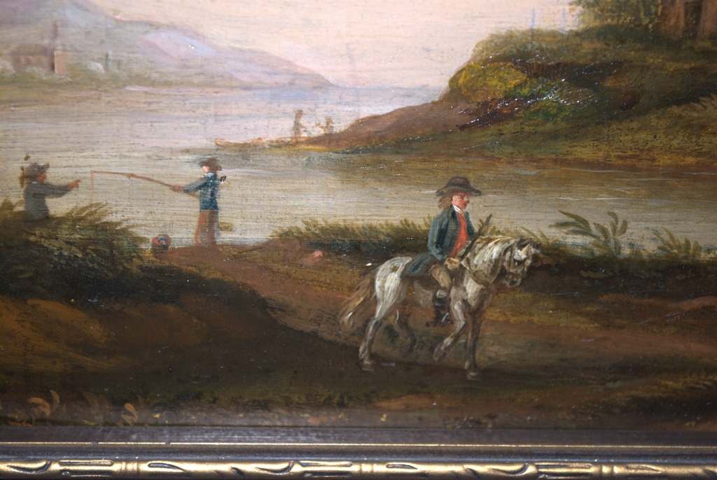19e eeuws paneel waterlandschap met ruiter en vissers/olieverf/ingelijst kopen? Bied vanaf 75!