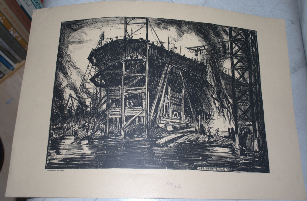Litho scheepswerf, gesigneerd kopen? Bied vanaf 35!